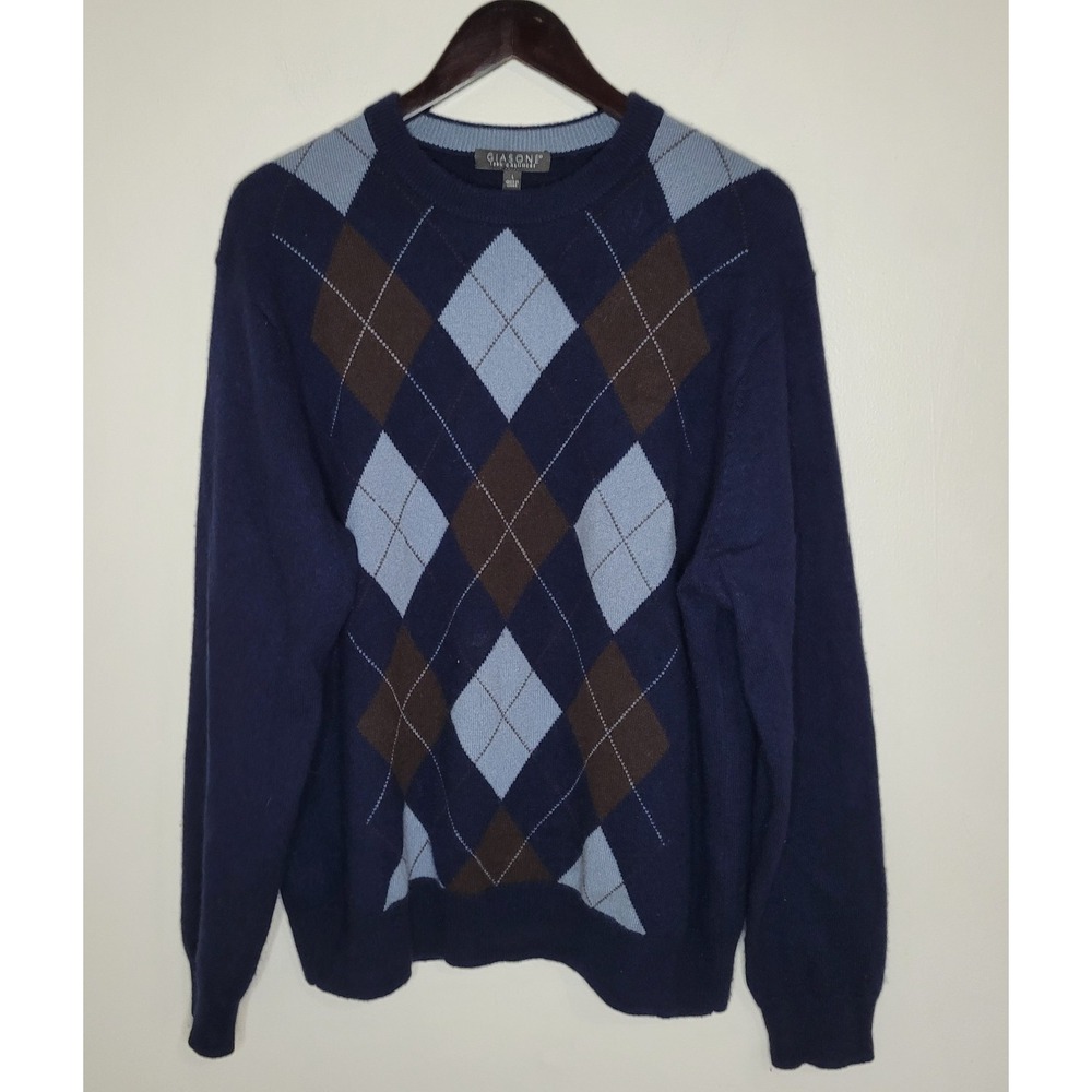 Mens Large Blue/Gray Argyle 100% Cashmere Pullover Sweater Classic Preppy